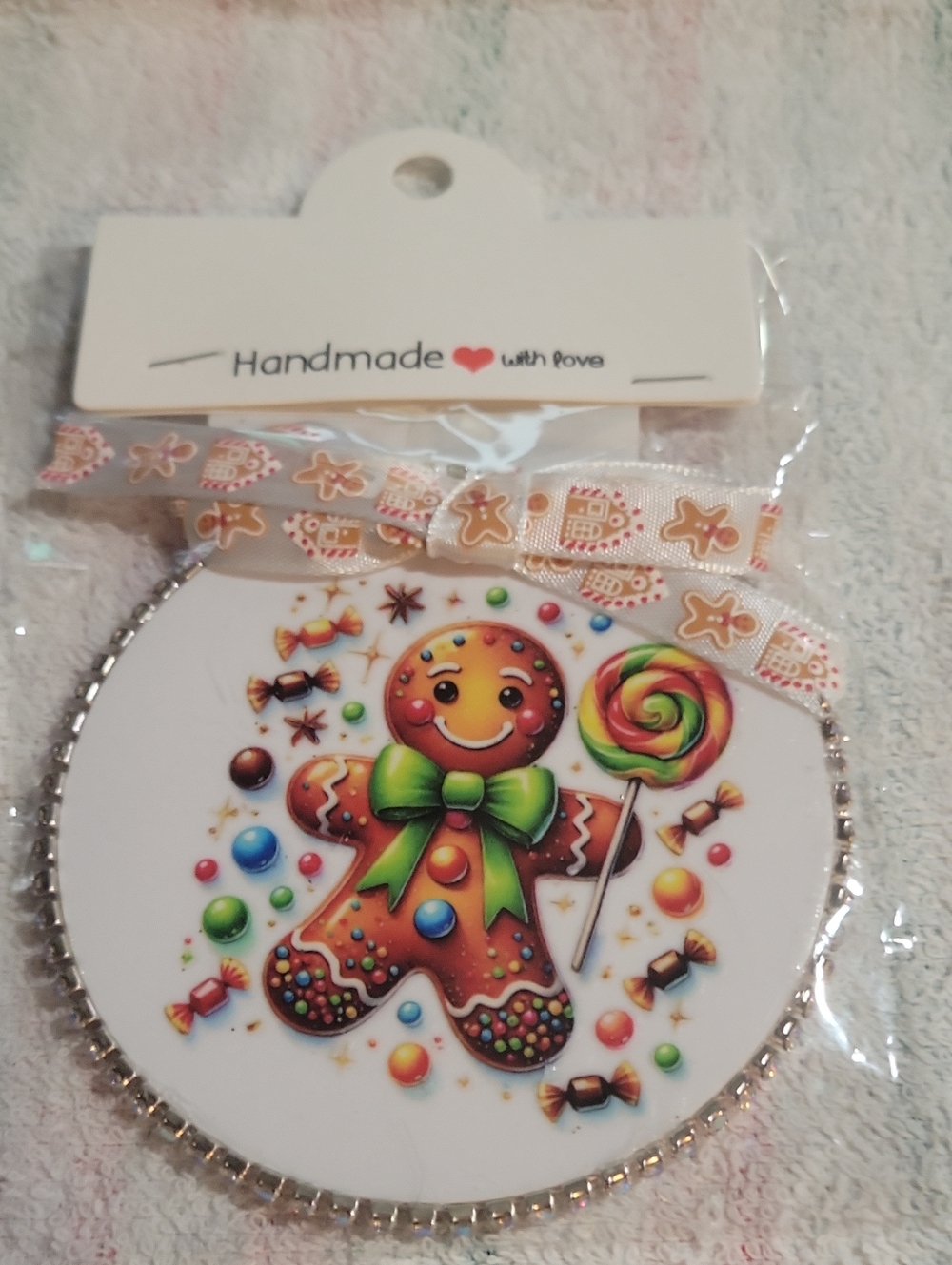 Handmade Gingerbread Ornament with Green Bow